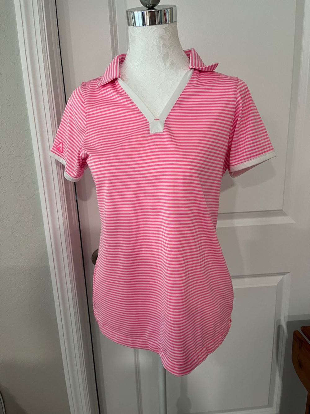 Antigua Pink and White Striped Short Sleeve Polo Desert Dry